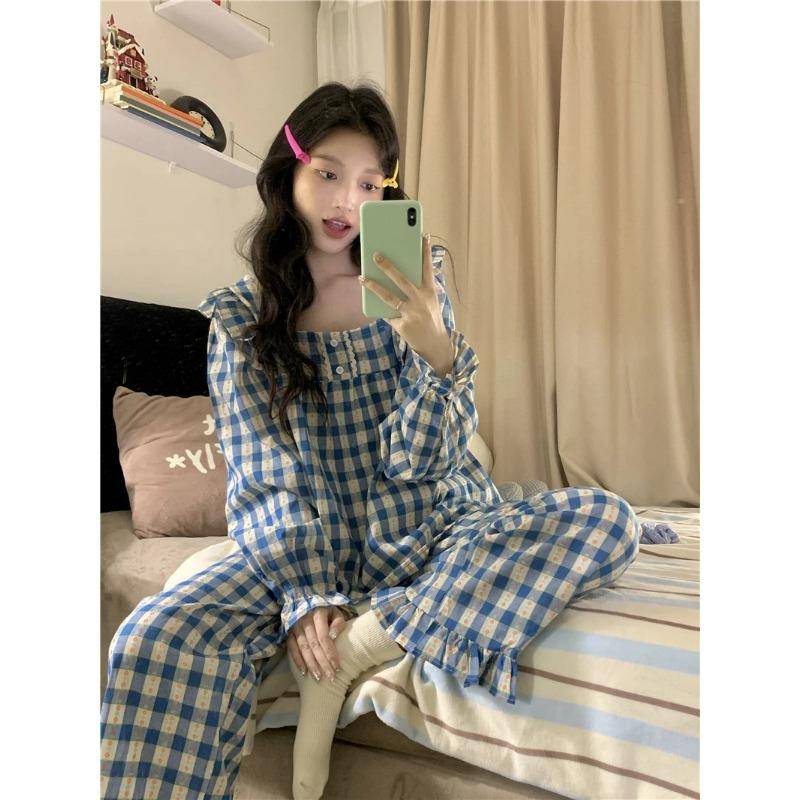 Damen Pyjama Neu Herbst Frühling Langarm Weiches Schlafanzug-Set Karo Cartoon Pyjama Frau Haus Nachtwäsche Set Strickjacke M von Joom DACH