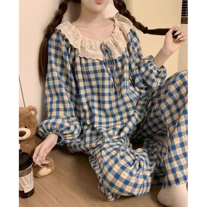 Damen Pyjama Neu Herbst Frühling Langarm Weiches Schlafanzug-Set Karo Cartoon Pyjama Frau Haus Nachtwäsche Set Strickjacke XXL von Joom DACH