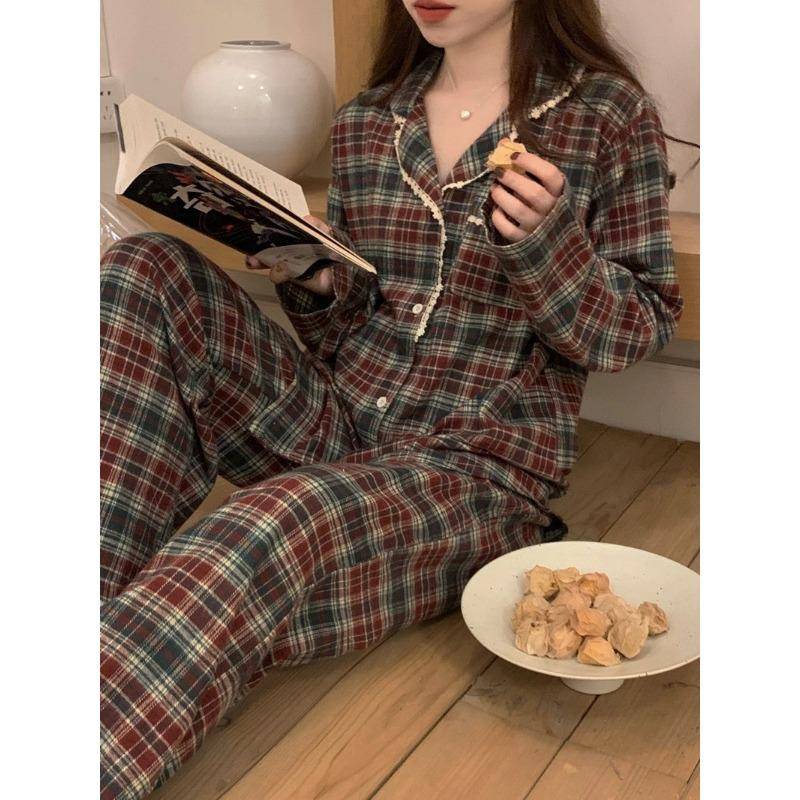 Damen Pyjama Neu Herbst Frühling Langarm Weiches Schlafanzug-Set Karo Cartoon Pyjama Frau Haus Nachtwäsche Set Strickjacke XL von Joom DACH