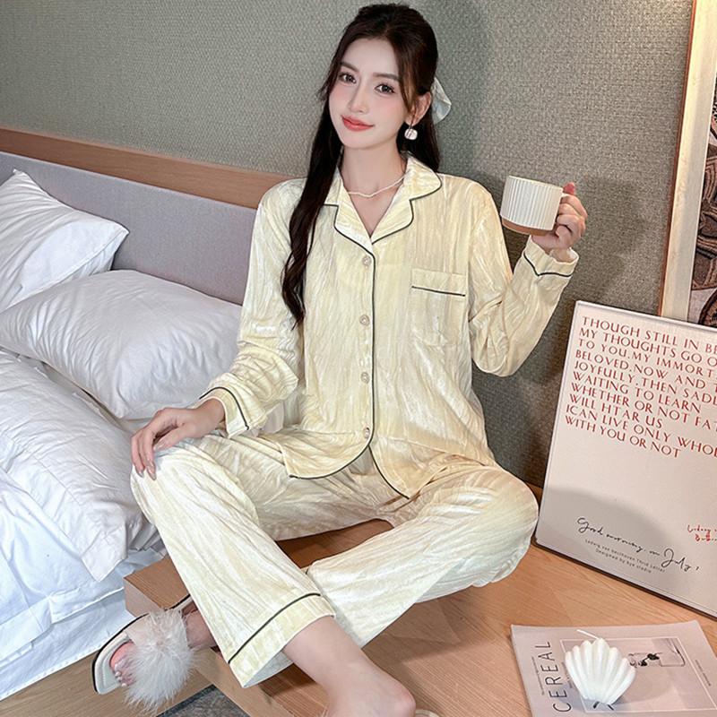 Damen Pyjama Neu Langärmlig Herbst und Winter Pyjama Set Gold Samt Warm Hauskleidung für Damen 2XL von Joom DACH