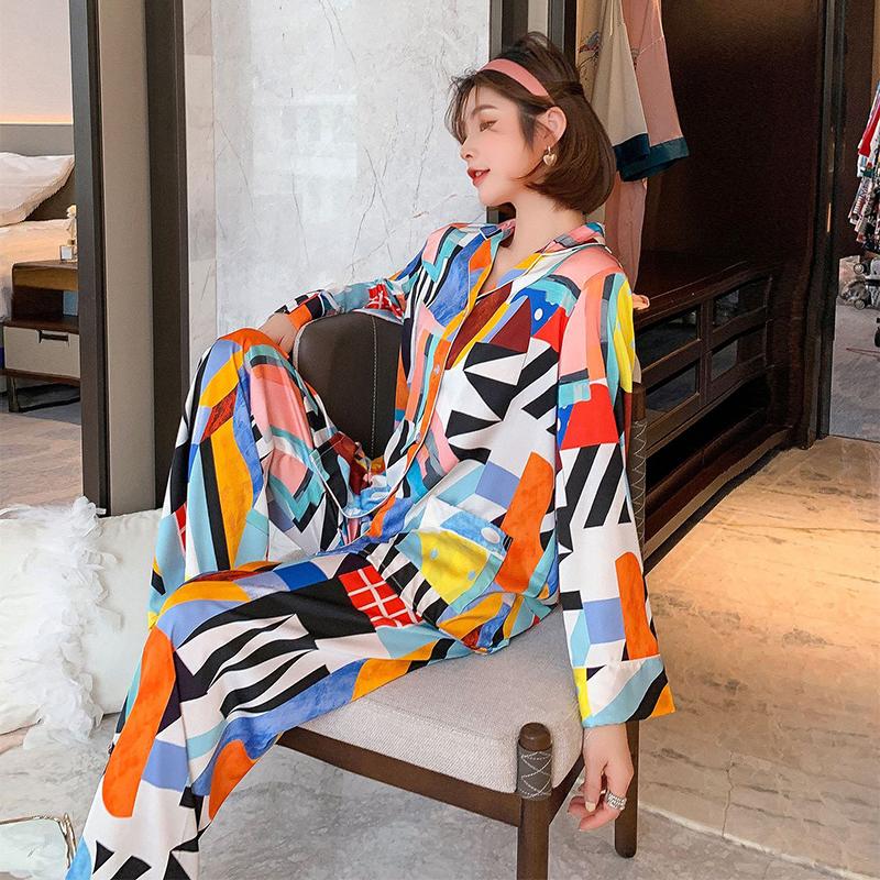 Damen Pyjama Seide Neu Langärmelig Hose Bunter Karodruck Zweiteilig Hausanzug Pyjama Hausanzug für Damen XL von Joom DACH