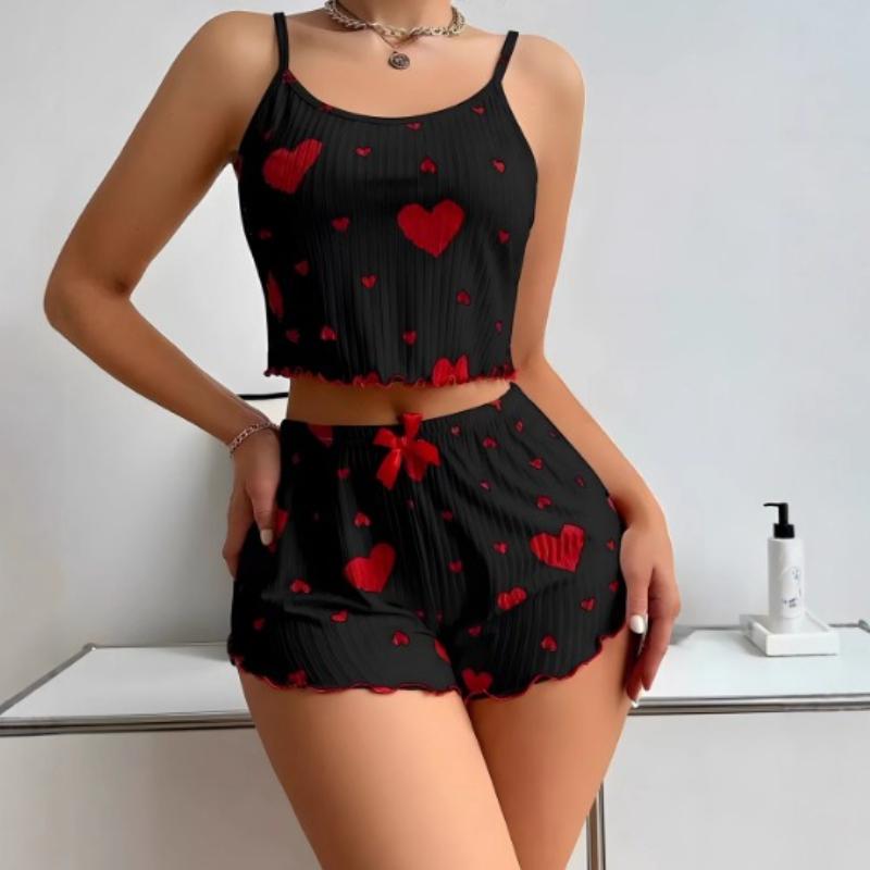 Damen-Pyjama-Set, Nachtwäsche, 2-teilig, kurze Tanktops und Shorts, weiß, belüftet, weich, lässig, Liebesdruck L coole schwarze von Joom DACH