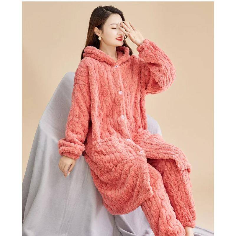 Damen-Pyjama-Set, Winter-Fleece, langärmelig, warm, 2-teilig, Bademantel und Hose, dicke Kapuze, lockere Hauskleidung für Damen 3XL rosa von Joom DACH