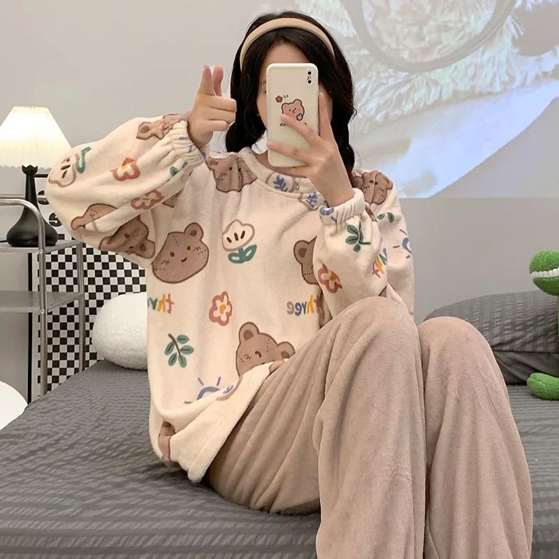 Damen-Pyjama-Set, verdickter großer Studenten-Pyjama, warmer, süßer Flanell-Pyjama mit Rundhalsausschnitt, Heimkleidungsset M von Joom DACH