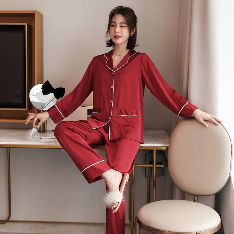 Damen Pyjama Set Frühling Herbst Langarm Pyjama 2-teilig Hemd Hose Einfarbig Marineblau Rayon Satin Loungewear Hosen Set XL von Joom DACH