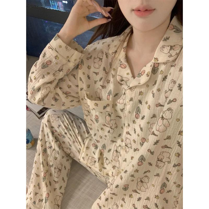Damen Pyjama Set Herbst Frühling Langarm Weiche Nachtwäsche Set Gestreiften Cartoon Pyjama Frau Hause Nachtwäsche Set Strickjacke XXL von Joom DACH