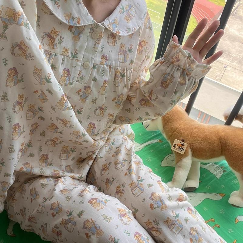 Damen Pyjama Set Herbst Frühling Langarm Weiche Nachtwäsche Set Gestreiften Cartoon Pyjama Frau Hause Nachtwäsche Set Strickjacke XXL von Joom DACH