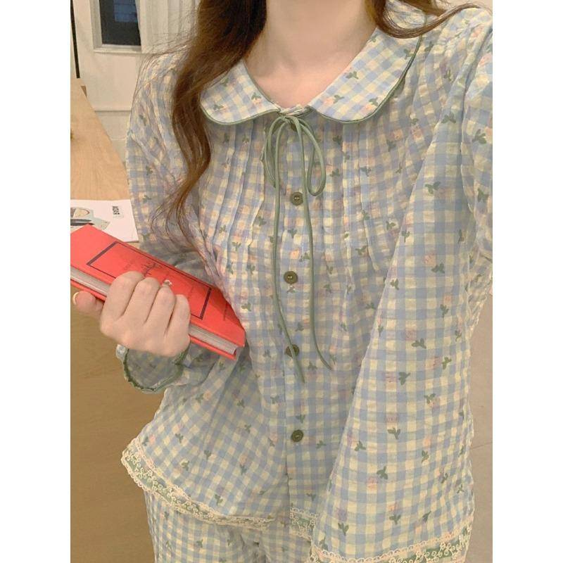 Damen Pyjama Set Herbst Frühling Langarm Weiche Nachtwäsche Set Gestreiften Cartoon Pyjama Frau Hause Nachtwäsche Set Strickjacke XXL von Joom DACH