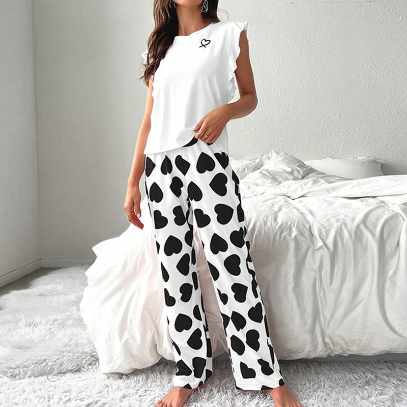 Damen Pyjama Set Herbst Kurzarm T-Shirt Top Herz Print Hose Pyjama 2-teilig Weich Bequem Nachtwäsche Loungewear Pyjama XXL schwarz von Joom DACH