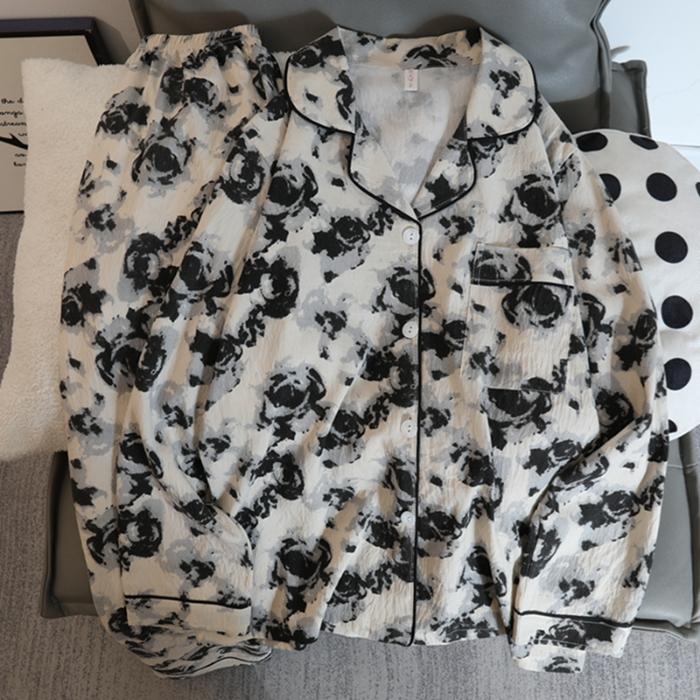 Damen Pyjama Set Nachtwäsche Herbst 2-teilig Langarm Oberteil und Hose Baumwolle Weich Lässig Bambusdruck Hausanzüge M von Joom DACH