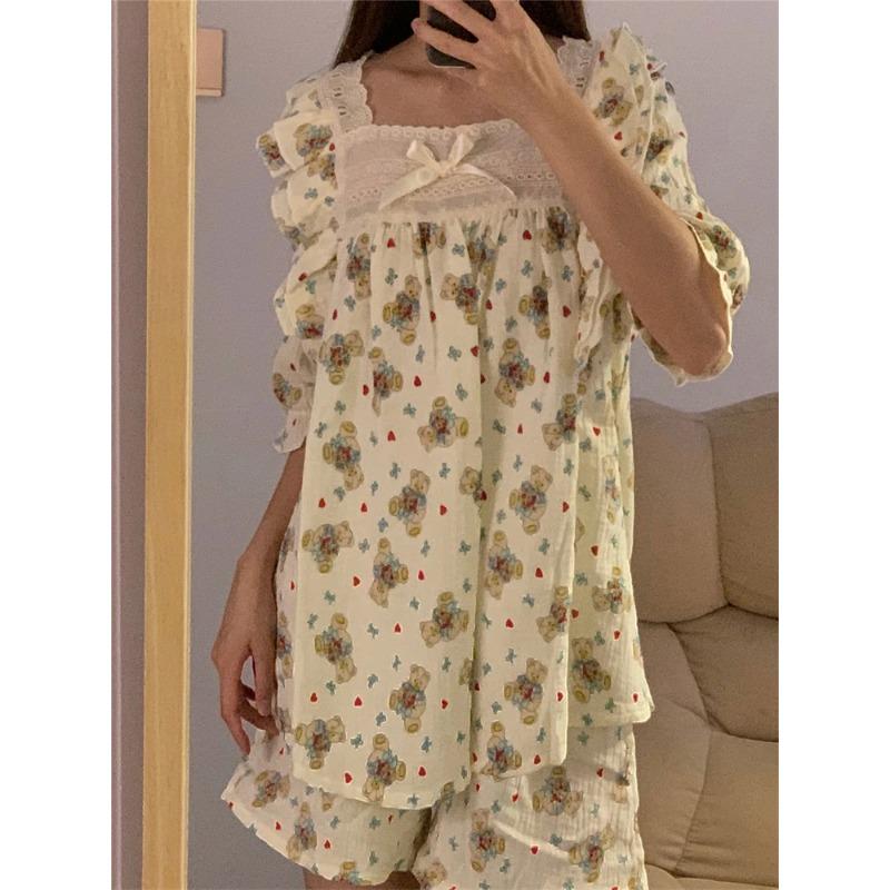 Damen Pyjama Set Sommer Kurzarm Nachtwäsche Set Cartoon Niedlich Bär Bedruckt Pyjama Frau Rüschen Home Nachtwäsche Set Strickjacke XXL von Joom DACH