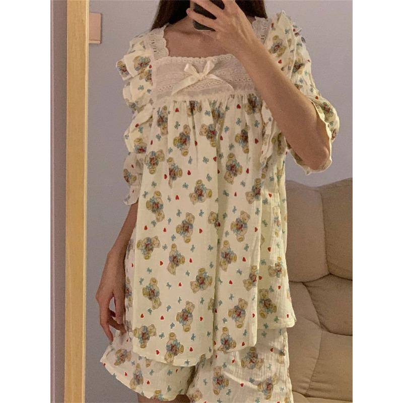 Damen Pyjama Set Sommer Kurzarm Nachtwäsche Set Cartoon Niedlich Bär Bedruckt Pyjama Frau Rüschen Home Nachtwäsche Set Strickjacke XXL von Joom DACH