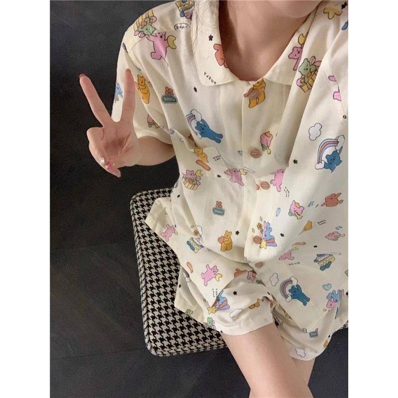 Damen Pyjama Set Sommer Kurzarm Nachtwäsche Set Cartoon Niedlich Bär Bedruckt Pyjama Frau Rüschen Home Nachtwäsche Set Strickjacke XXL von Joom DACH