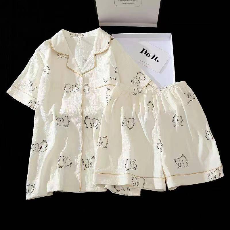 Damen Pyjama Set Sommer Kurzarm Nachtwäsche Set Cartoon Niedlich Bär Bedruckt Pyjama Frau Rüschen Home Nachtwäsche Set Strickjacke XXL von Joom DACH