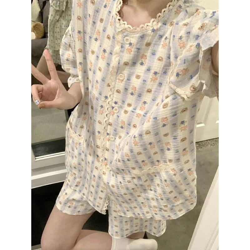 Damen Pyjama Set Sommer Kurzarm Nachtwäsche Set Cartoon Niedlich Bär Bedruckt Pyjama Frau Rüschen Home Nachtwäsche Set Strickjacke XXL von Joom DACH