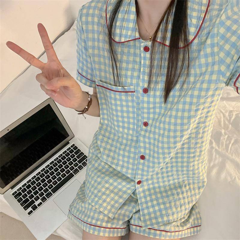 Damen Pyjama Set Sommer Kurzarm Weiche Nachtwäsche Set Gitter Cartoon Gedruckt Pyjama Frau Home Nachtwäsche Set Strickjacke M von Joom DACH