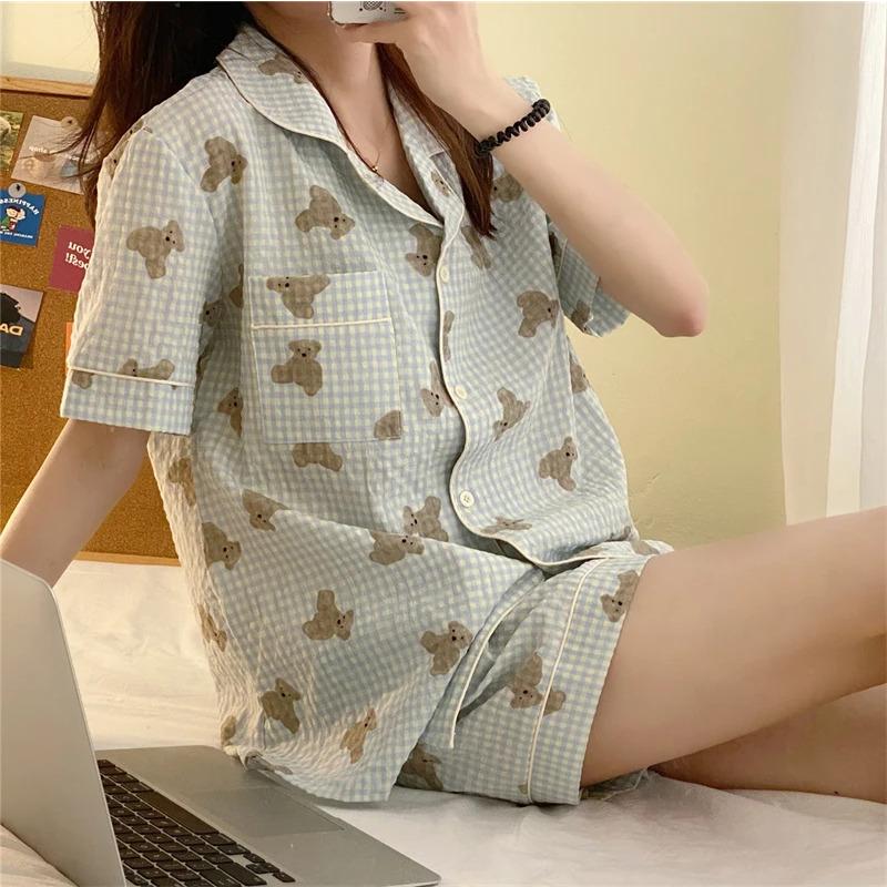 Damen Pyjama Set Sommer Kurzarm Weiche Nachtwäsche Set Gitter Cartoon Gedruckt Pyjama Frau Home Nachtwäsche Set Strickjacke M von Joom DACH