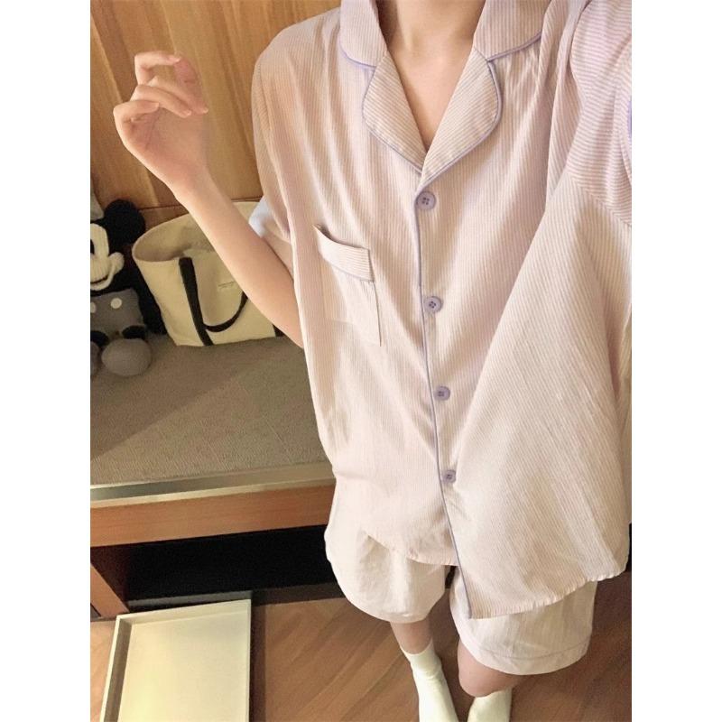 Damen Pyjama Set Sommer Kurzarm Weiche Nachtwäsche Set Gitter Cartoon Gedruckt Pyjama Frau Home Nachtwäsche Set Strickjacke XXL von Joom DACH