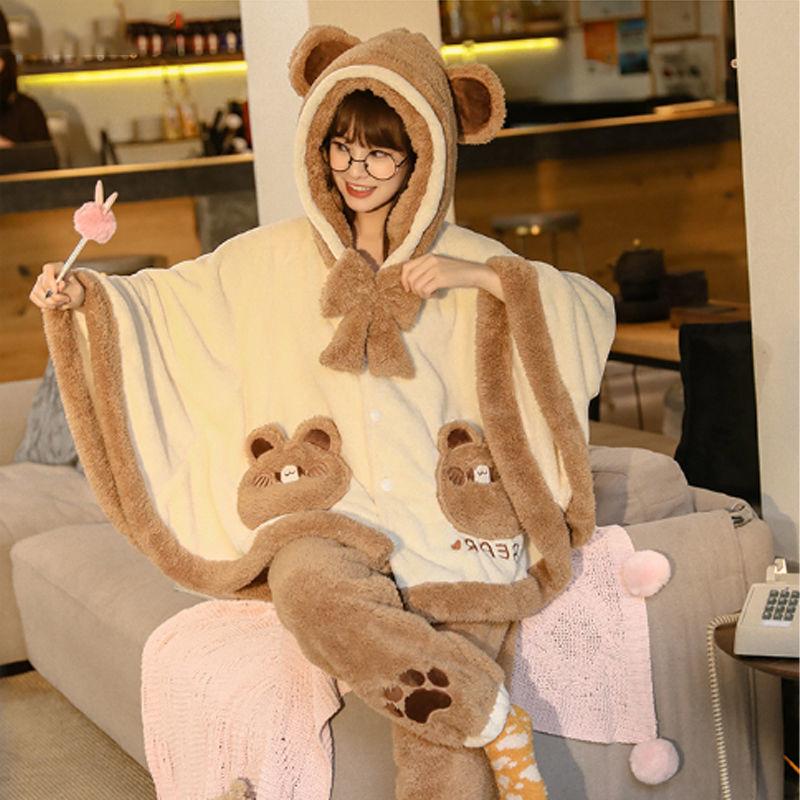 Damen-Pyjama-Set aus Fleece, warm, für den Winter, lockere Nachtwäsche, Mantel und Hose, mit Kapuze, dicker Cartoon-Pyjama-Anzug für Damen 2XL von Joom DACH