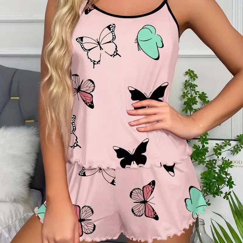 Damen-Pyjama-Set aus Seide mit Schmetterlingsdruck – bequemes Unterhemd und Shorts im europäischen und amerikanischen Stil für den Sommer. XXXL von Joom DACH