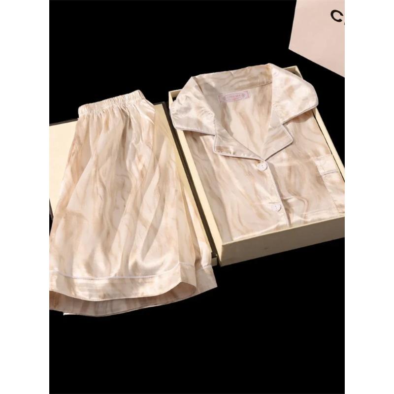Damen-Pyjama-Set aus Viskose mit Blumenmuster, Oberteil mit Knöpfen und Shorts, 2-teilig, Satin-Pyjama, Loungewear, Sommerpyjama M von Joom DACH