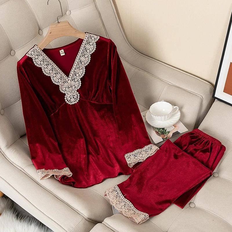 Damen Pyjama Set mit Spitzenbesatz, Pyjama-Set, langärmelig, lässig, Herbst/Winter 2XL von Joom DACH