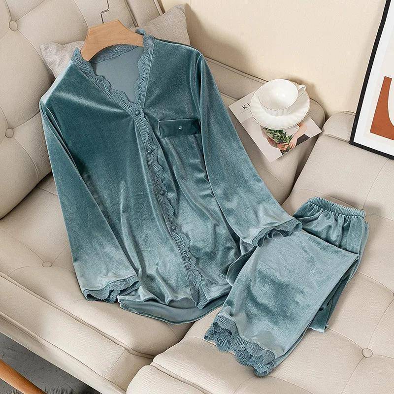 Damen Pyjama Set mit Spitzenbesatz, Pyjama-Set, langärmelig, lässig, Herbst/Winter M von Joom DACH