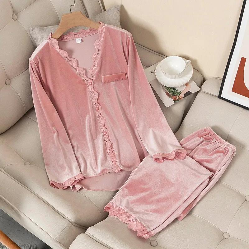Damen Pyjama Set mit Spitzenbesatz, Pyjama-Set, langärmelig, lässig, Herbst/Winter M von Joom DACH
