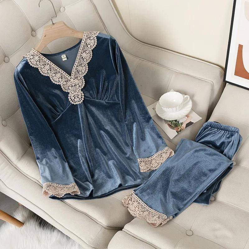 Damen Pyjama Set mit Spitzenbesatz, Pyjama-Set, langärmelig, lässig, Herbst/Winter M von Joom DACH