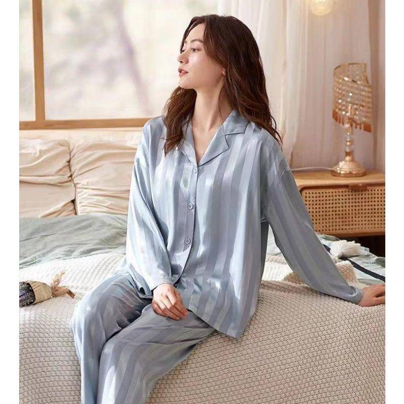 Damen-Pyjama-Set mit Streifen, einfarbig, französischer Seidensatin-Pyjama, zweiteiliges Set, bequemer Pyjama für zu Hause L blau von Joom DACH