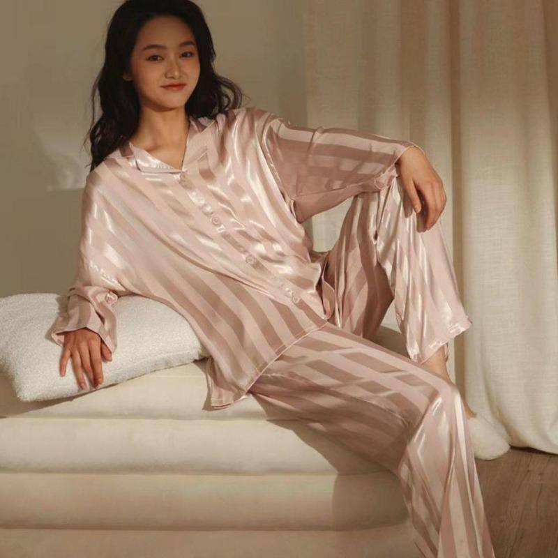 Damen-Pyjama-Set mit Streifen, einfarbig, französischer Seidensatin-Pyjama, zweiteiliges Set, bequemer Pyjama für zu Hause XXXL rosa von Joom DACH