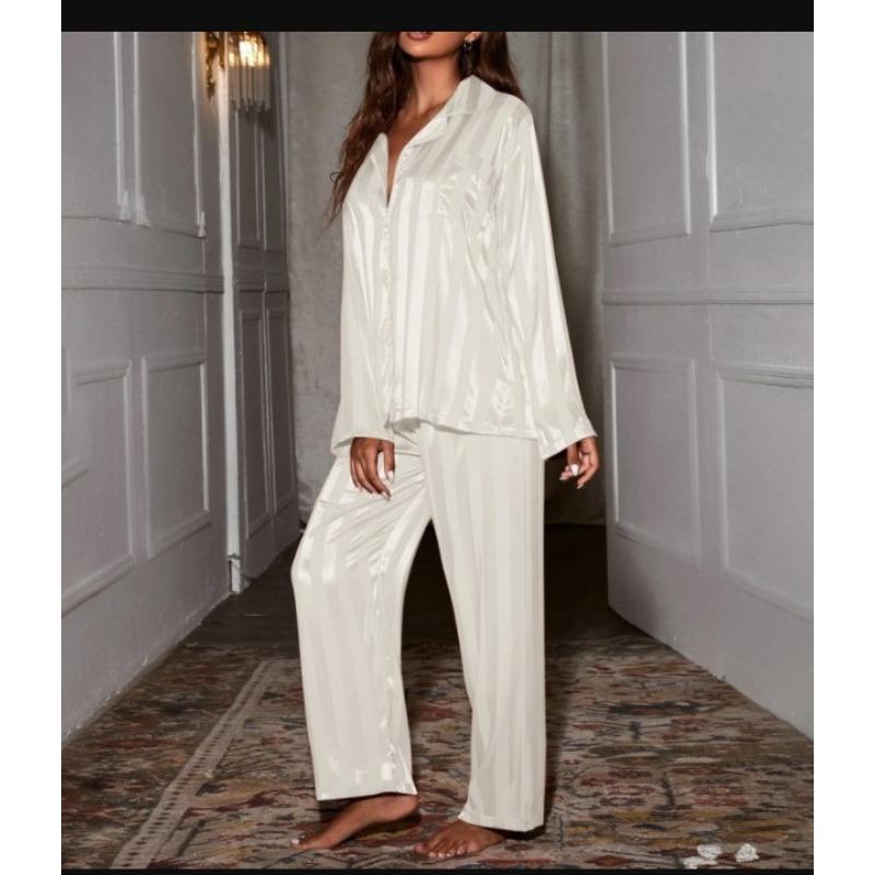Damen-Pyjama-Set mit Streifen, einfarbig, französischer Seidensatin-Pyjama, zweiteiliges Set, bequemer Pyjama für zu Hause XXXL weiß Damen-Pyjama-Set mit Streifen, einfarbig, französischer Seidensatin-Pyjama, zweiteiliges Set, bequemer Pyjama für zu Hause XXXL weiß von Joom DACH