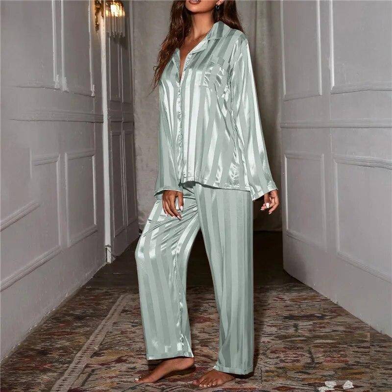 Damen-Pyjama-Set mit Streifen, einfarbig, französischer Seidensatin-Pyjama, zweiteiliges Set, bequemer Pyjama für zu Hause XXXL von Joom DACH