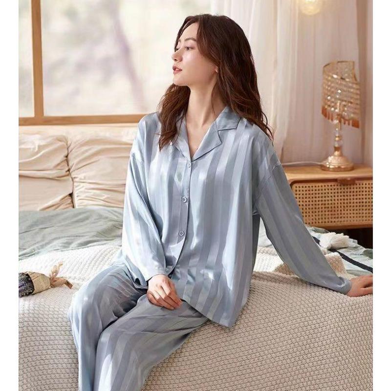 Damen-Pyjama-Set mit Streifen, einfarbig, französischer Seidensatin-Pyjama, zweiteiliges Set, bequemer Pyjama für zu Hause XXXL von Joom DACH