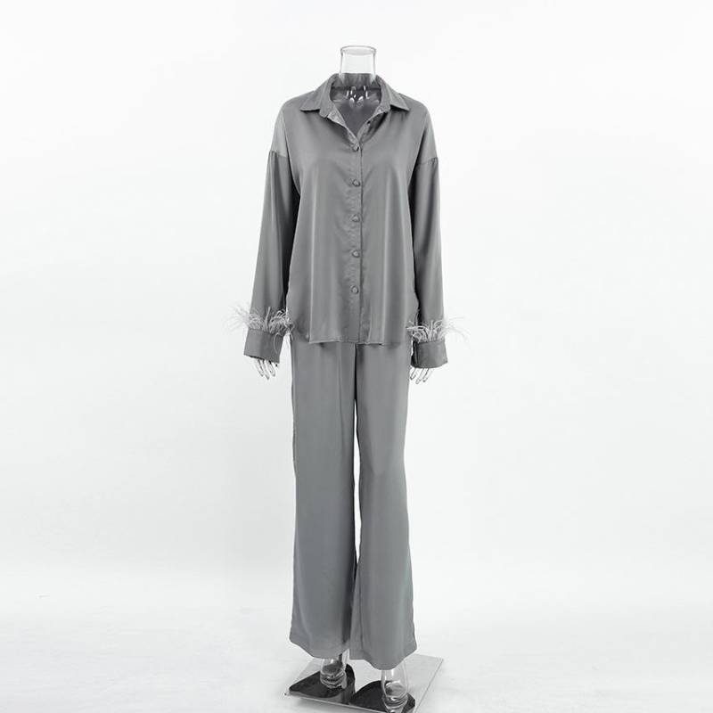 Damen Pyjama Set mit langem Hemd und Hose, 2-teilig, luxuriös, grau, Loungewear, Schlafset aus Seidensatin, Heimkleidung, Federärmel, Pyjama, Nachtwäsche L grau von Joom DACH