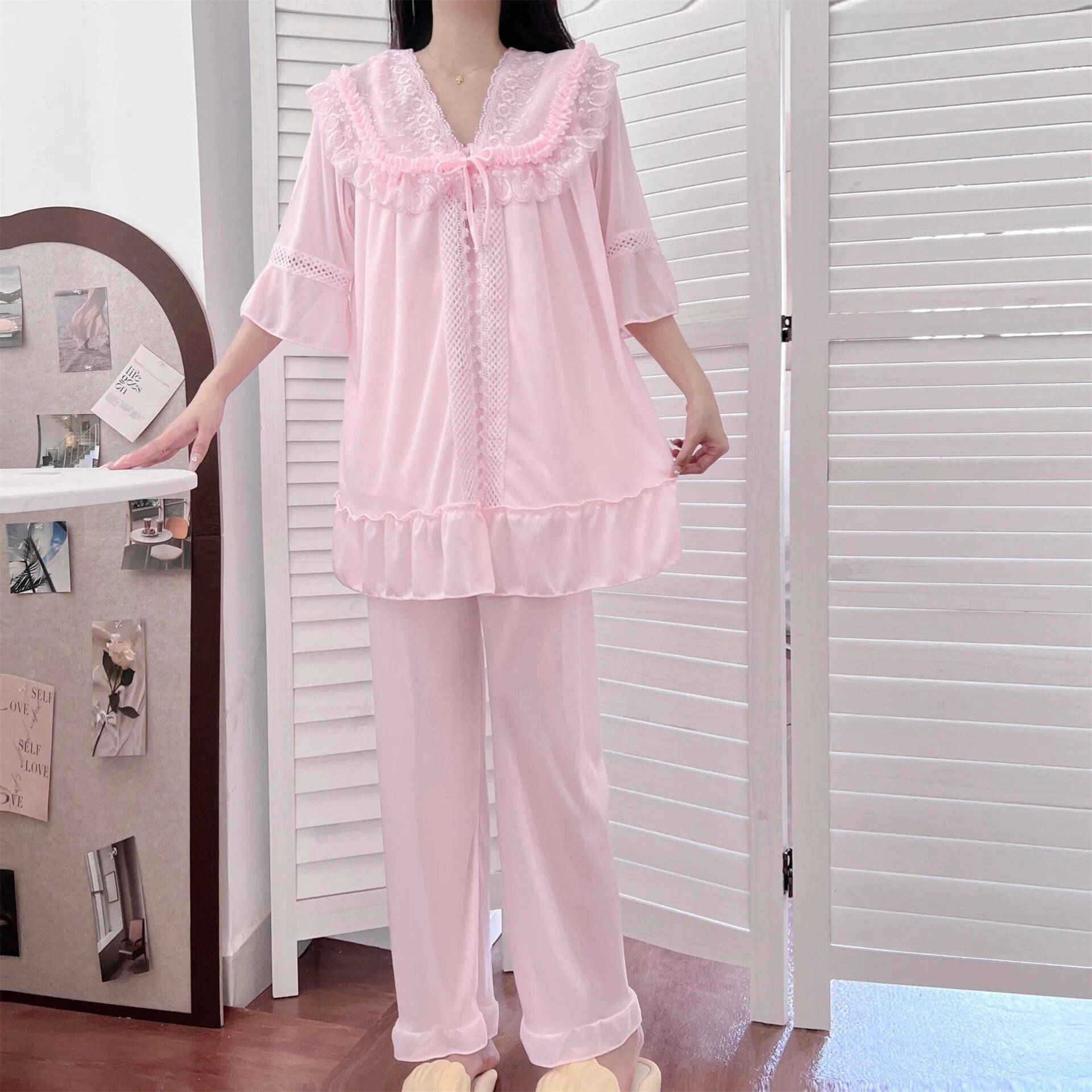 Damen Pyjama-Sets Set Nachtwäsche Seide Satin Pyjama Frühling Herbst Homewear Damen Pijama Mujer Pjs Nachtwäsche XXL von Joom DACH