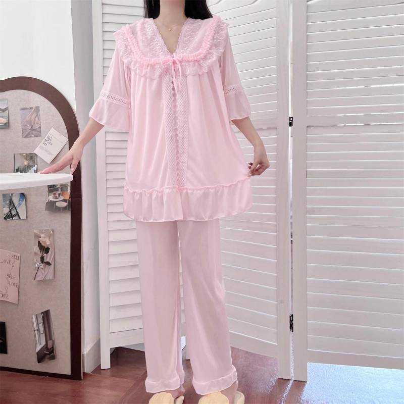 Damen Pyjama-Sets Set Nachtwäsche Seide Satin Pyjama Frühling Herbst Homewear Damen Pijama Mujer Pjs Nachtwäsche XXL von Joom DACH