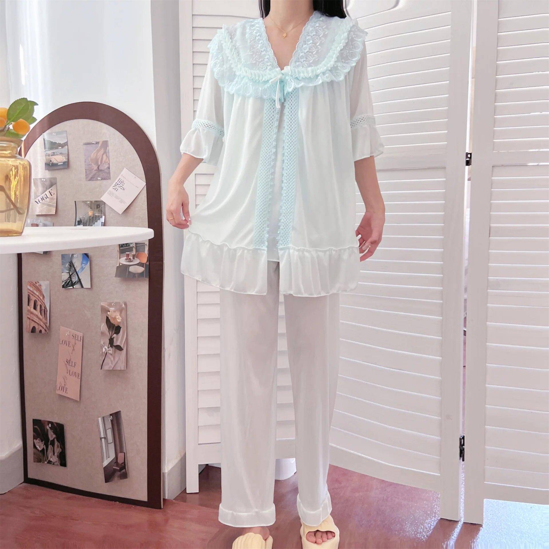 Damen Pyjama-Sets Set Nachtwäsche Seide Satin Pyjama Frühling Herbst Homewear Damen Pijama Mujer Pjs Nachtwäsche XXL von Joom DACH