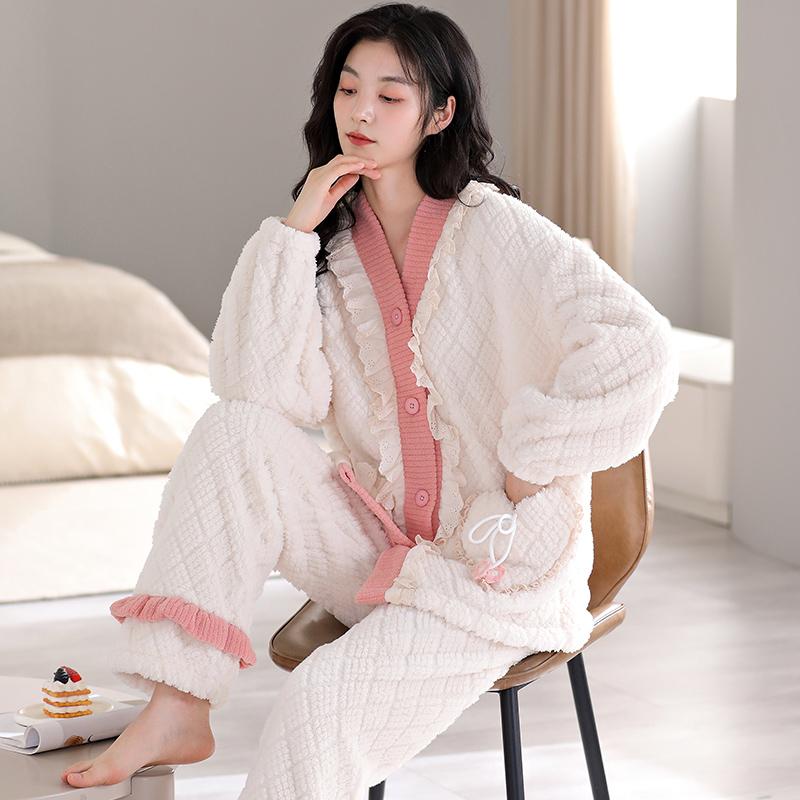 Damen Pyjama Verdickt Warm Korallenplüsch Mädchen Loungewear Sets Cartoon Herbst Winter Damen Schlafkleidung Flanell Homewear Anzug XXL von Joom DACH