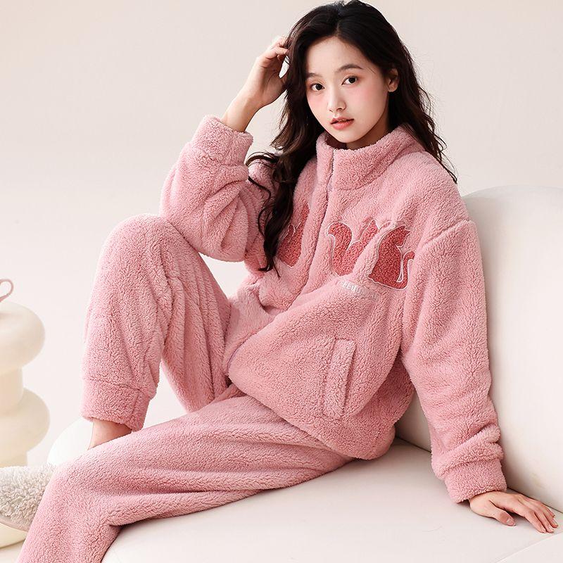 Damen-Pyjama aus Korallenfleece, Winter-Pyjama-Set mit Fleecefutter und dickem Stehkragen, warmes Flanell-Hauskleidungsset für Damen 2XL von Joom DACH