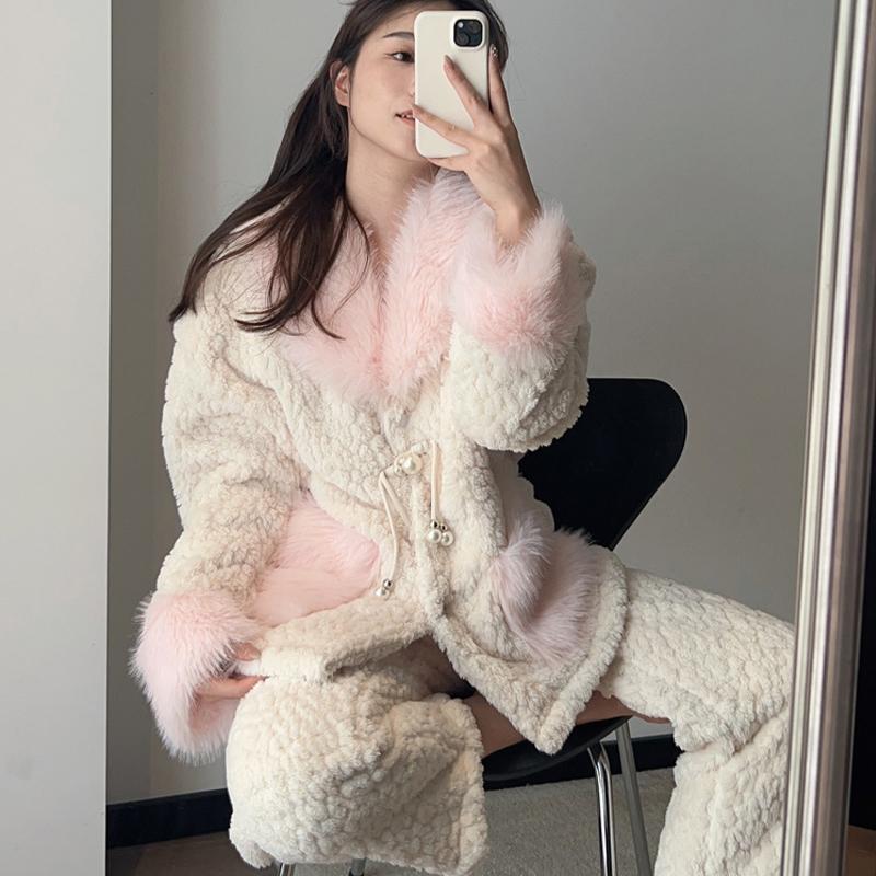 Damen Pyjama aus Plüsch mit dicker Isolierung, Herbst/Winter, süße langärmelige Hose, Heimkleidung, Strickjacke, doppelseitige Samt-Nachtwäsche 2XL weiß von Joom DACH