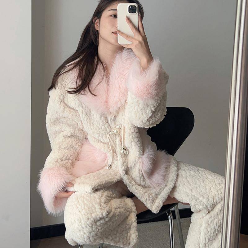 Damen Pyjama aus Plüsch mit dicker Isolierung, Herbst/Winter, süße langärmelige Hose, Heimkleidung, Strickjacke, doppelseitige Samt-Nachtwäsche 2XL weiß von Joom DACH