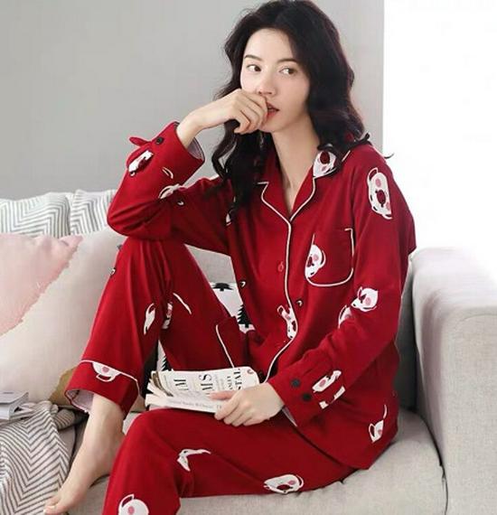 Damen-Pyjama aus reiner Baumwolle in Übergröße: Langärmlig, lockere Passform mit kleinem Revers, geeignet für Frühling und Herbst, drinnen oder draußen zu tragen. 3XL 160-180 Jin von Joom DACH