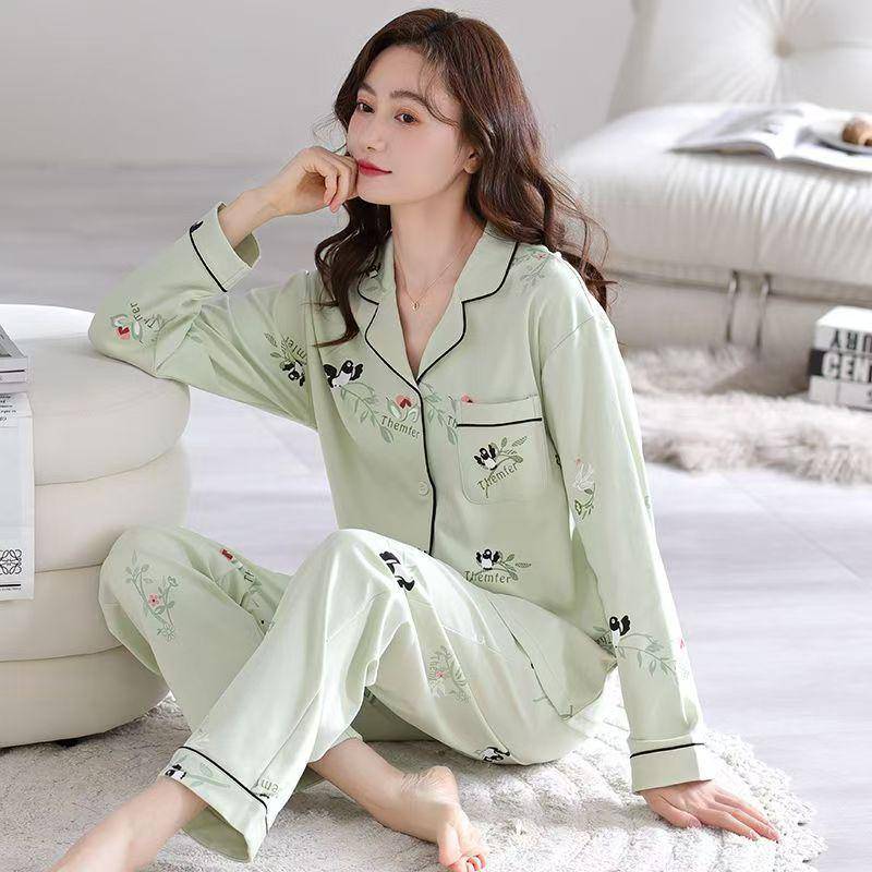 Damen-Pyjama aus reiner Baumwolle in Übergröße: Langärmlig, lockere Passform mit kleinem Revers, geeignet für Frühling und Herbst, drinnen oder draußen zu tragen. 3XL 160-180 Jin von Joom DACH