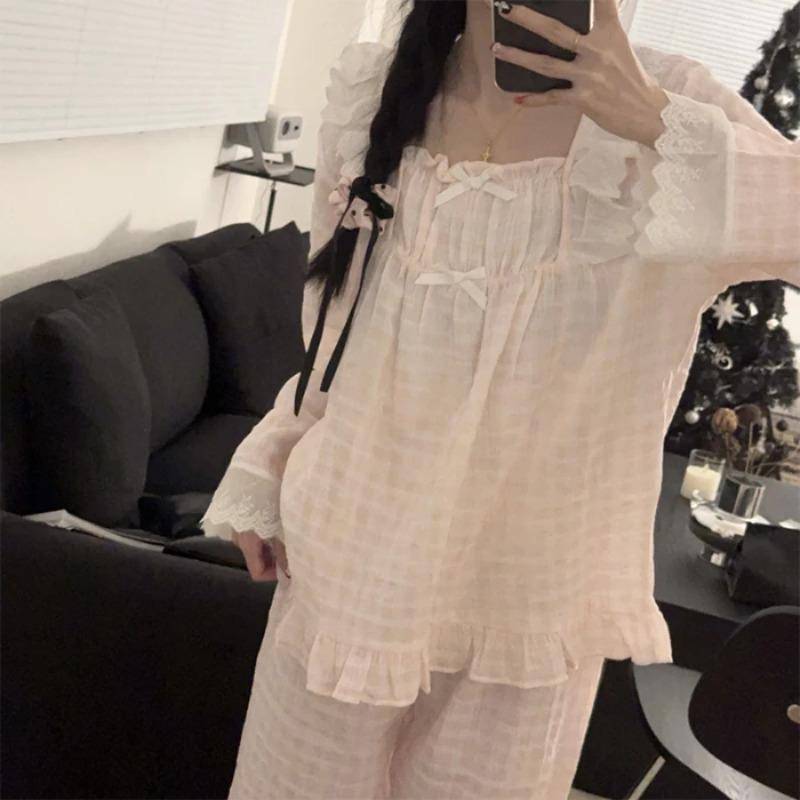 Damen Pyjamas Neue Herbst Frühling Langarm Weiche Nachtwäsche Set Gestreiften Palast Pyjama Frau Hause Nachtwäsche Set Strickjacke M rosa von Joom DACH