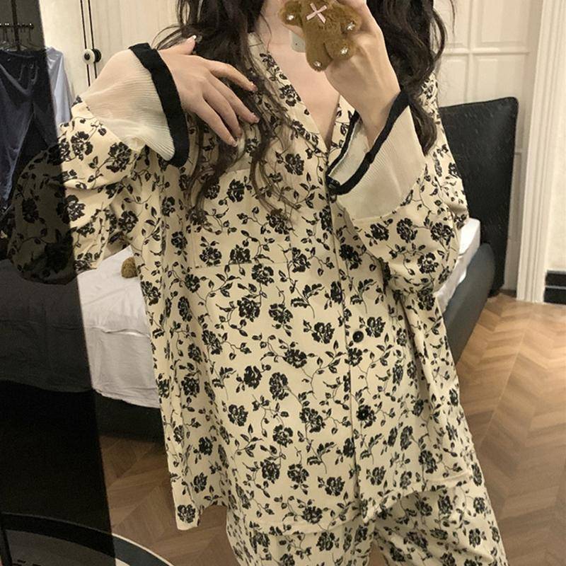 Damen Pyjamas Neue Herbst Frühling Langarm Weiche Nachtwäsche Set Gestreiften cartoon pyjama Frau Hause Nachtwäsche Set Strickjacke XXL von Joom DACH