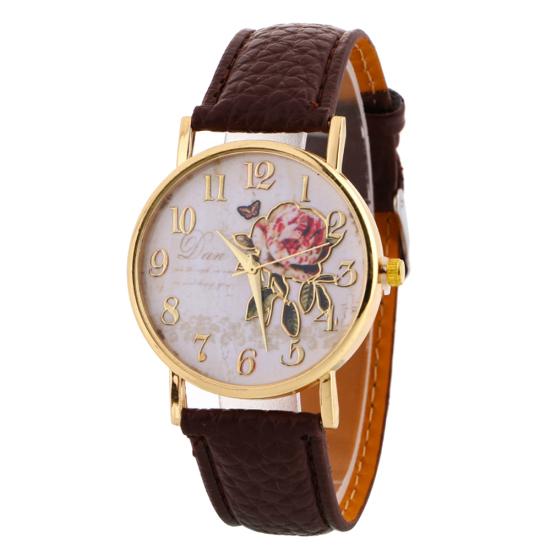 Damen-Quarz-Armbanduhr mit arabischer Zahl, Rosen-Blume, rundem Zifferblatt, Kunstlederband braun von Joom DACH