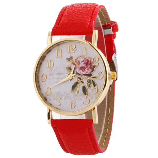 Damen-Quarz-Armbanduhr mit arabischer Zahl, Rosen-Blume, rundem Zifferblatt, Kunstlederband rot von Joom DACH