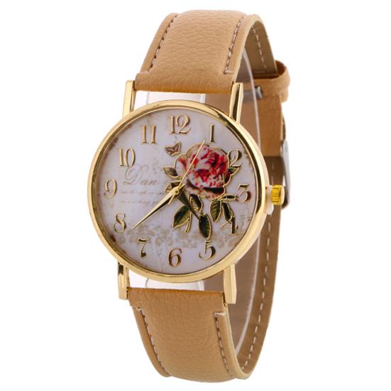 Damen-Quarz-Armbanduhr mit arabischer Zahl, Rosen-Blume, rundem Zifferblatt, Kunstlederband beige von Joom DACH