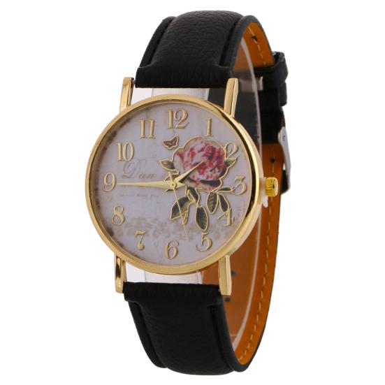 Damen-Quarz-Armbanduhr mit arabischer Zahl, Rosen-Blume, rundem Zifferblatt, Kunstlederband schwarz von Joom DACH